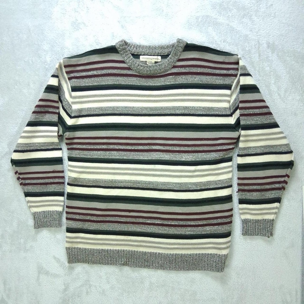 Vintage Munsingwear Striped Knit Sweater Textured Gray Green Burgundy L